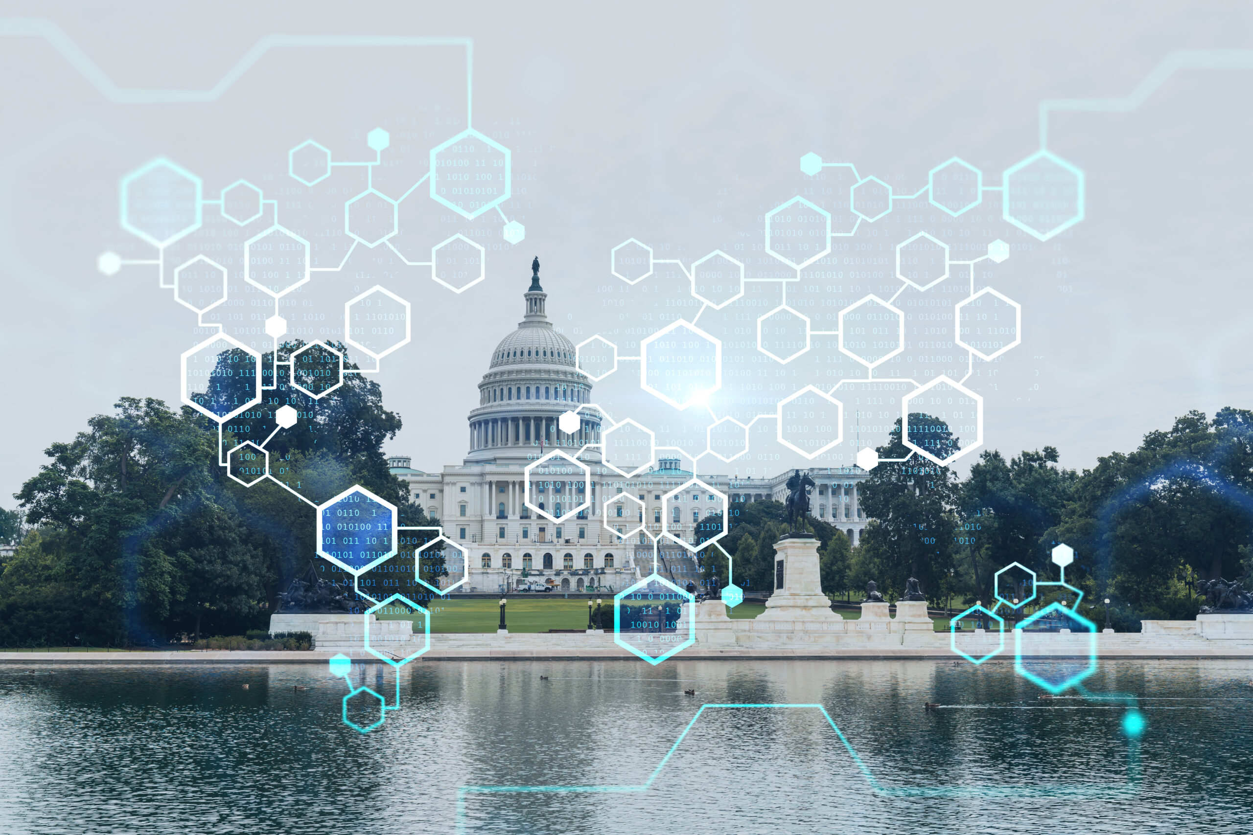 Capitol dome building exterior, Washington DC, USA. Home of Congress and Capitol Hill. American political system. Decentralized economy. Blockchain, cryptography and cryptocurrency concept, hologram